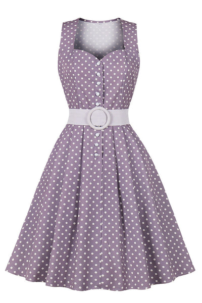 Jaren '50 Paarse Polka Dot Jurk Met Riem