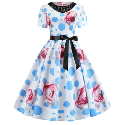 Blauwe Polka Dot Bloem Jaren 50 Jurk