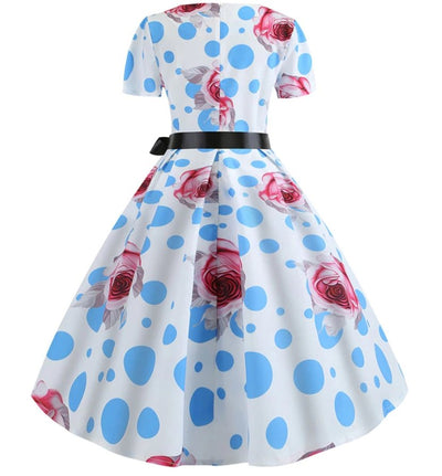 Blauwe Polka Dot Bloem Jaren 50 Jurk